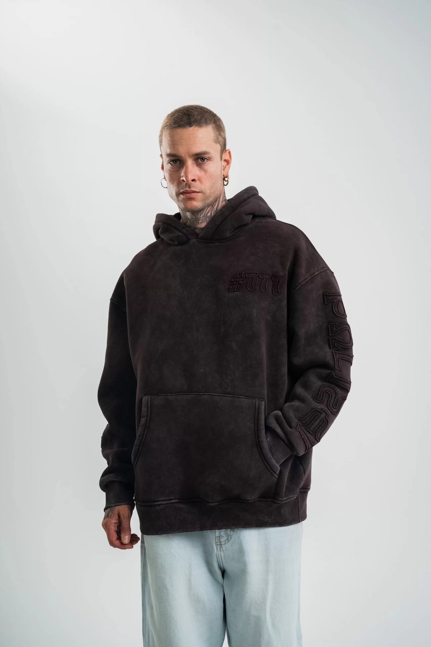 Kapşonlu Double Oversize Yıkamalı Evalı Nakışlı SweatShirt - Kahve