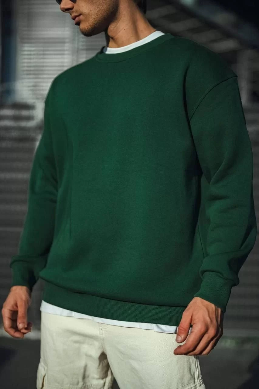 Kışlık Bisiklet Yaka Üç İplik Basic SweatShirt - Haki