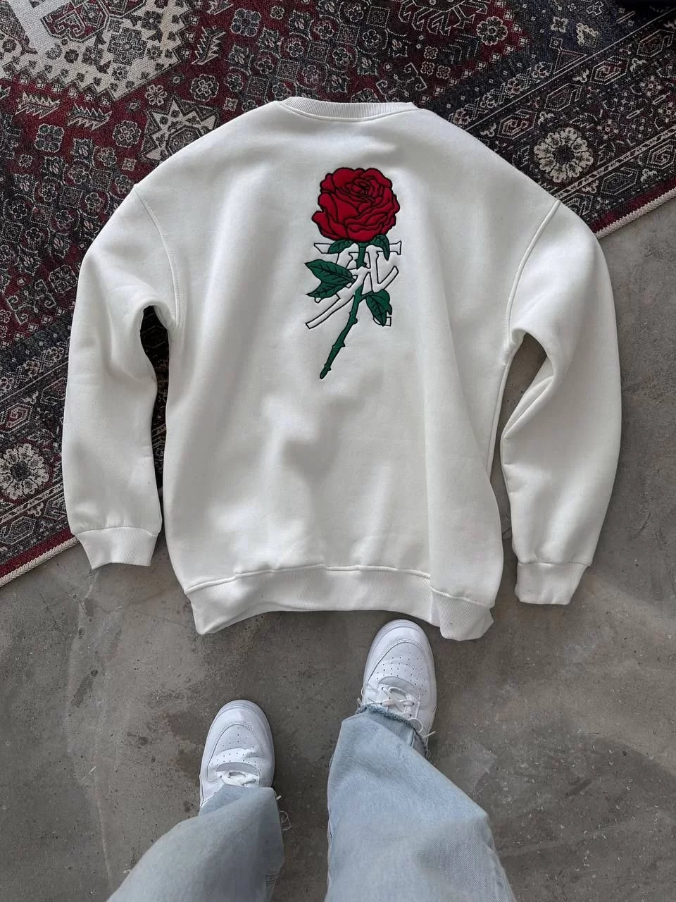 Oversize Üç İplik Bisiklet Yaka Baskılı SweatShirt - Beyaz