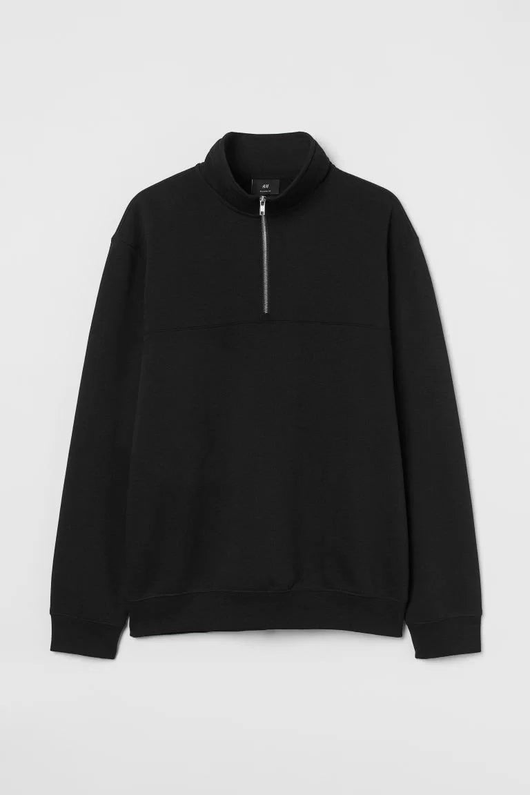 Oversize Yarım Farmuarlı Yakalı Basic SweatShirt - Siyah