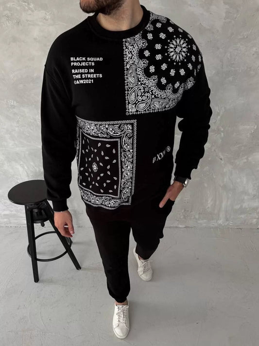 Üç İplik Desenli Bisiklet Yaka Oversize SweatShirt - Siyah