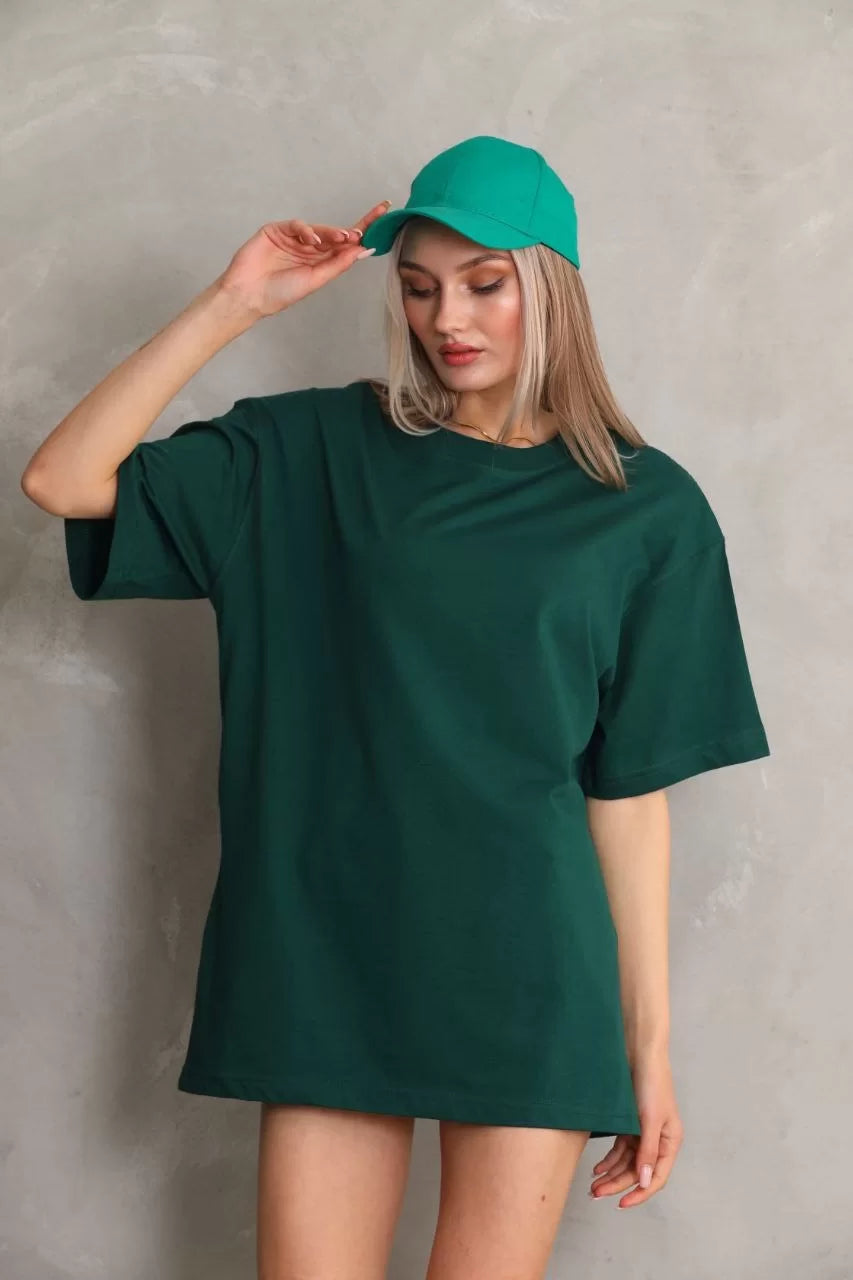 Unisex Bisiklet Yaka 20/1 Düz Oversize T-Shirt - Yeşil