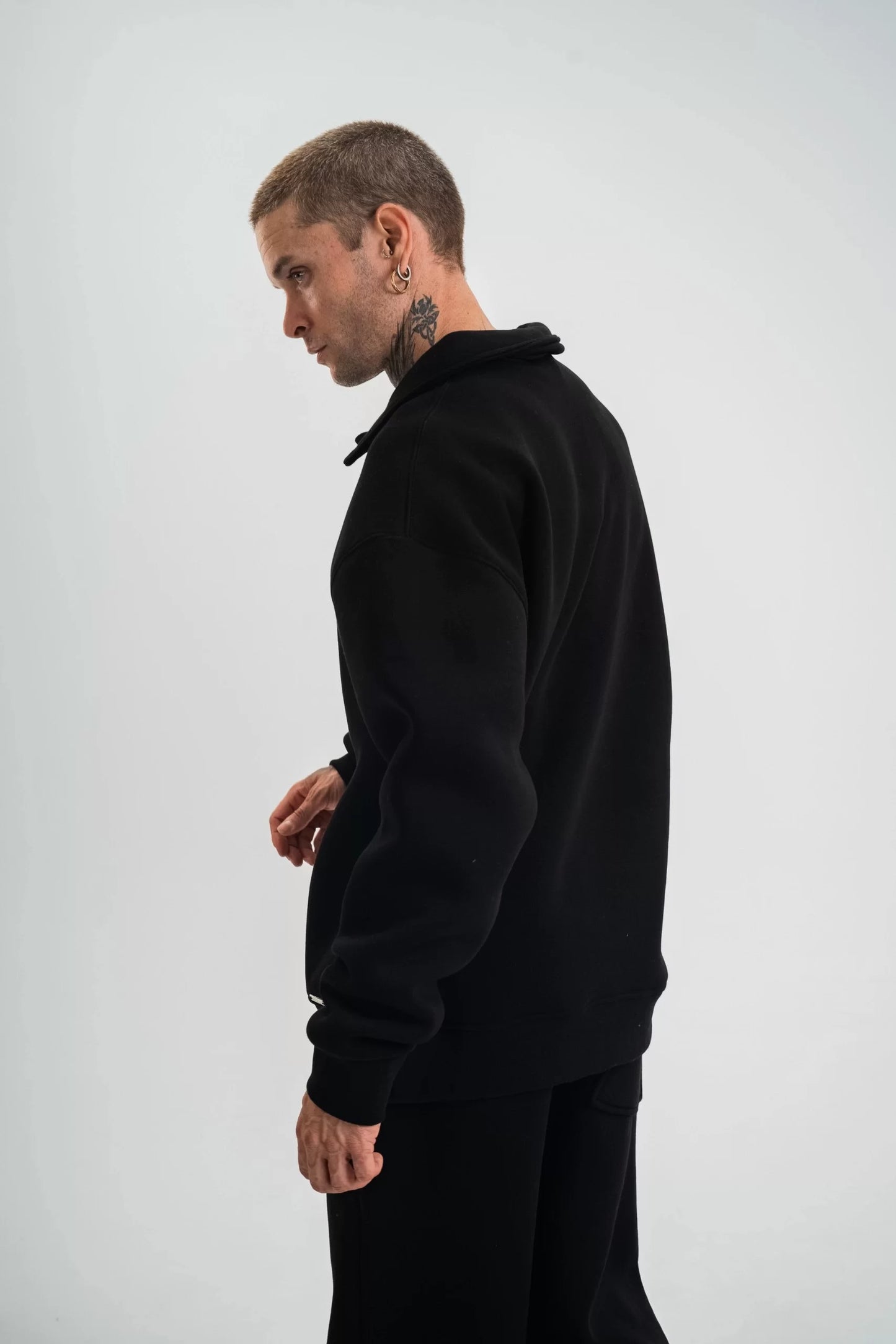 Unisex Double Oversize Patlı Yaka SweatShirt - Siyah