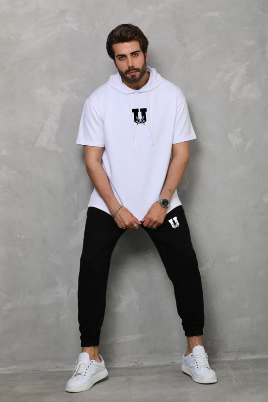 Unisex Kapşonlu Oversize T-Shirt Takım - Beyaz